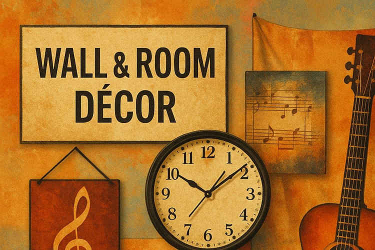 Abstract illustration of wall and room décor featuring stylized posters, canvases, tapestries and a clock. Warm, earthy colors blend with subtle music notes and instrument shapes, evoking a creative, music‑themed space.