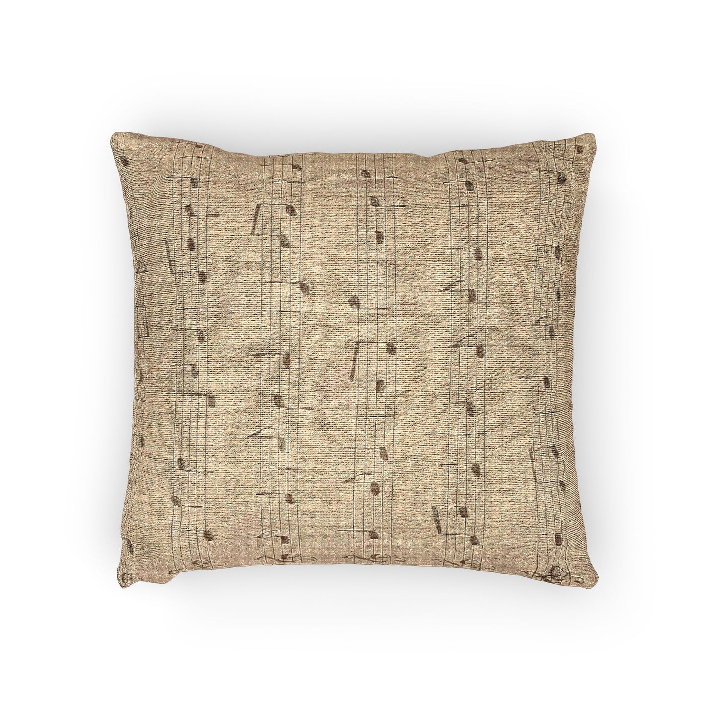 “Woven pillow with soft sepia sheet music printed on aged parchment texture.