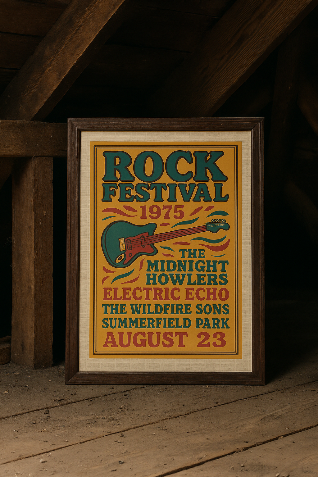 Framed vintage rock festival poster leaning in an attic, retro collectible wall art