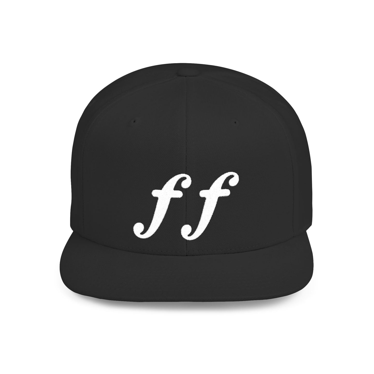 Black snapback hat with bold white embroidered “ff” symbol — fortissimo music marking meaning “very loud.”