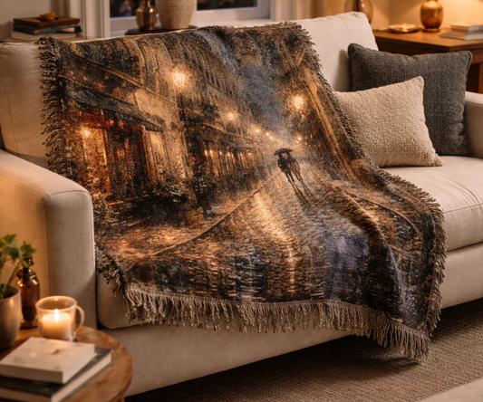 Decorative blanket with a scenic design draped over a couch in a living room.