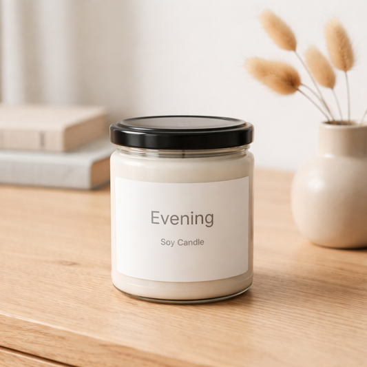 Evening soy candle on a light wood surface in a neutral interior setting