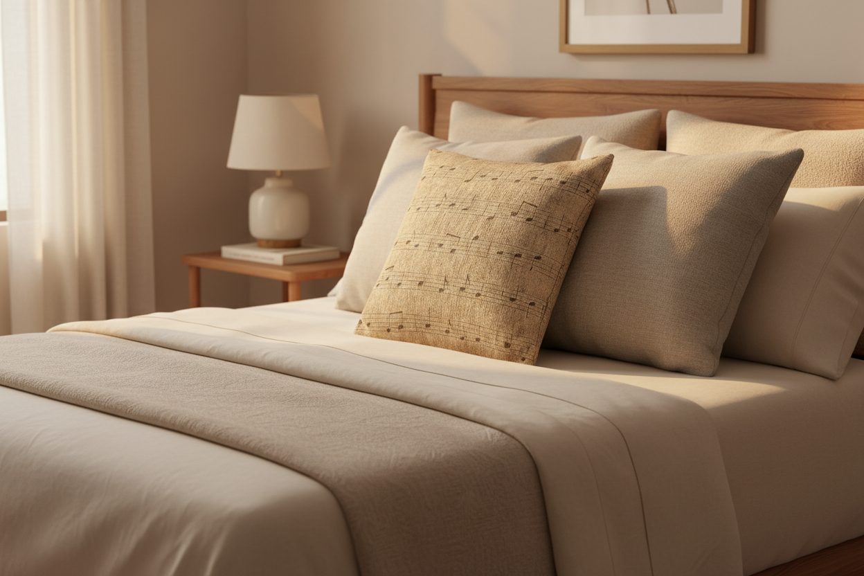 Vintage Music Archive – Sepia Sheet-Music Woven Pillow — Mockup 2