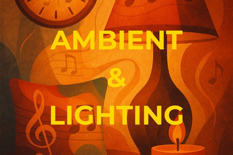 Abstract atmospheric image of stylized clocks, lamps and candles. Soft glow and subtle musical motifs in rich blue and gold hues suggest warm, elegant ambient lighting.