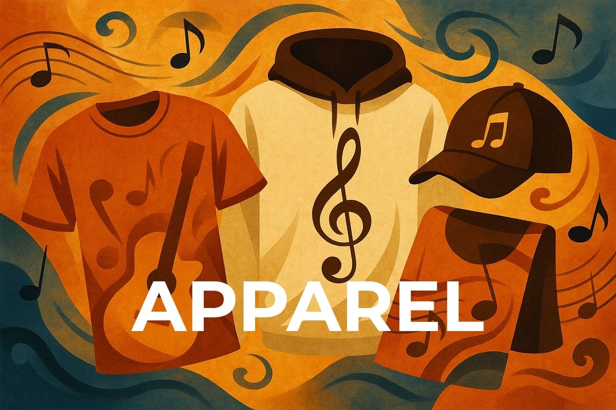 Abstract landscape illustration of apparel—shirts, hoodies, and hats—with flowing music notes and instruments. Warm colors evoke a music-inspired fashion collection.