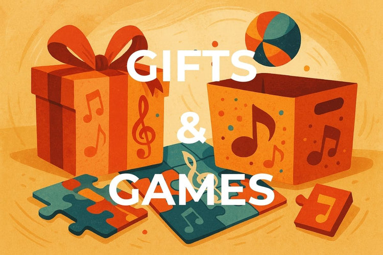 Playful abstract scene with puzzles, board games and storage boxes. Vibrant colors and whimsical musical patterns evoke fun and unique gift ideas.