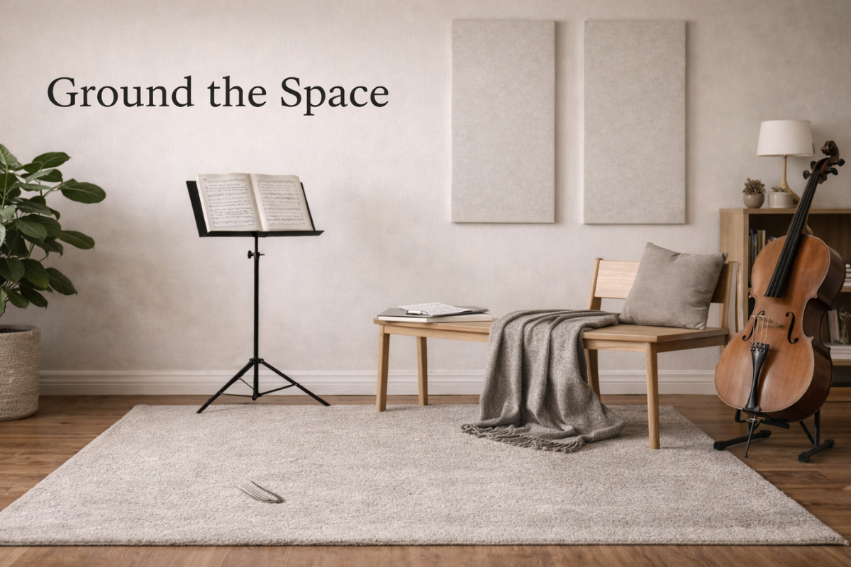 Abstract, cozy illustration of pillows, blankets, rugs and curtains. Warm tones with subtle music notes and instrument shapes evoke a comfortable, music‑inspired home.