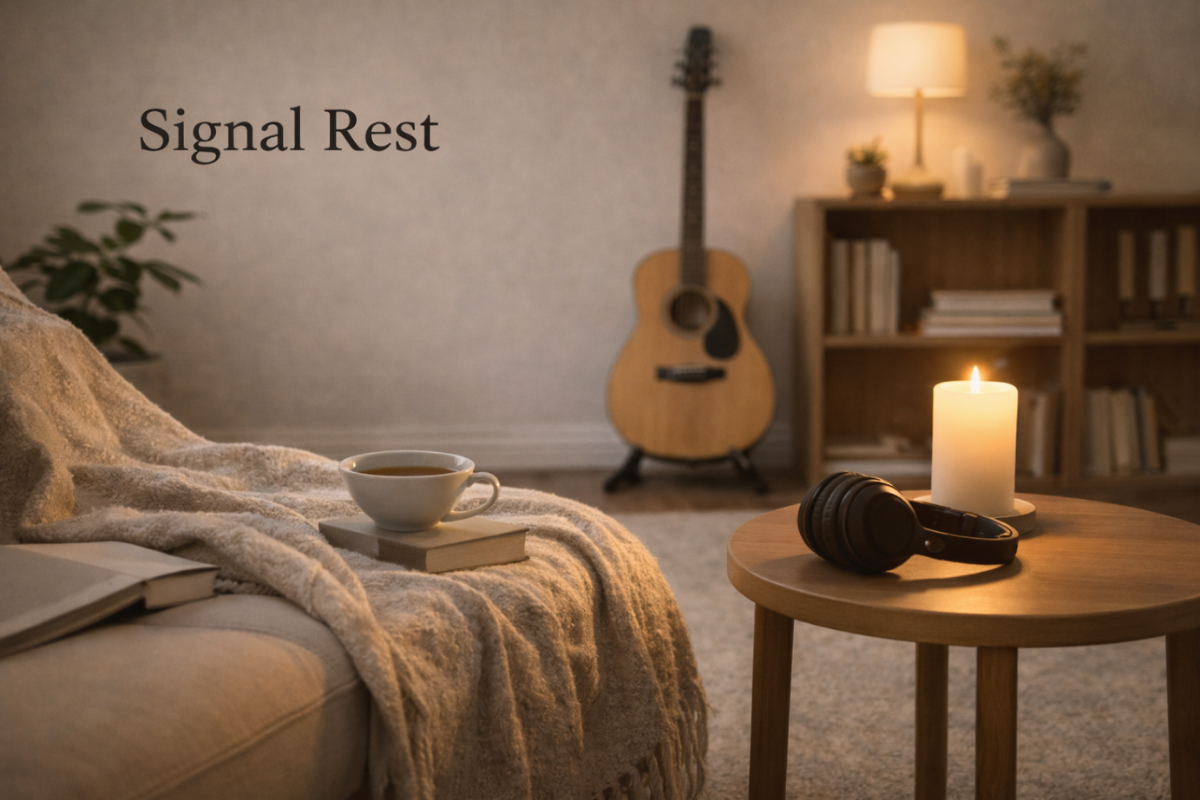 Abstract atmospheric image of stylized clocks, lamps and candles. Soft glow and subtle musical motifs in rich blue and gold hues suggest warm, elegant ambient lighting.