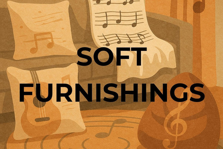 Abstract, cozy illustration of pillows, blankets, rugs and curtains. Warm tones with subtle music notes and instrument shapes evoke a comfortable, music‑inspired home.