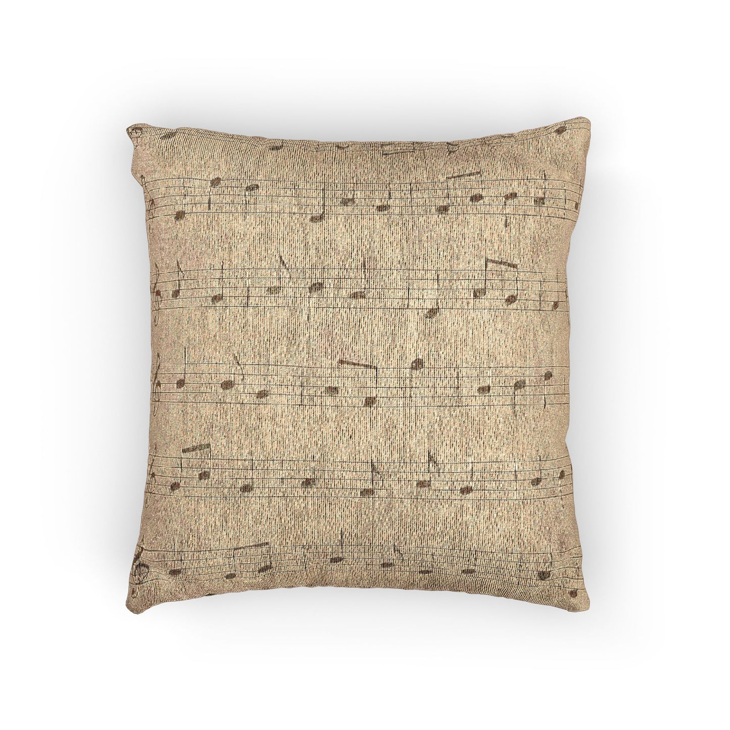 Woven pillow with soft sepia sheet music printed on aged parchment texture.