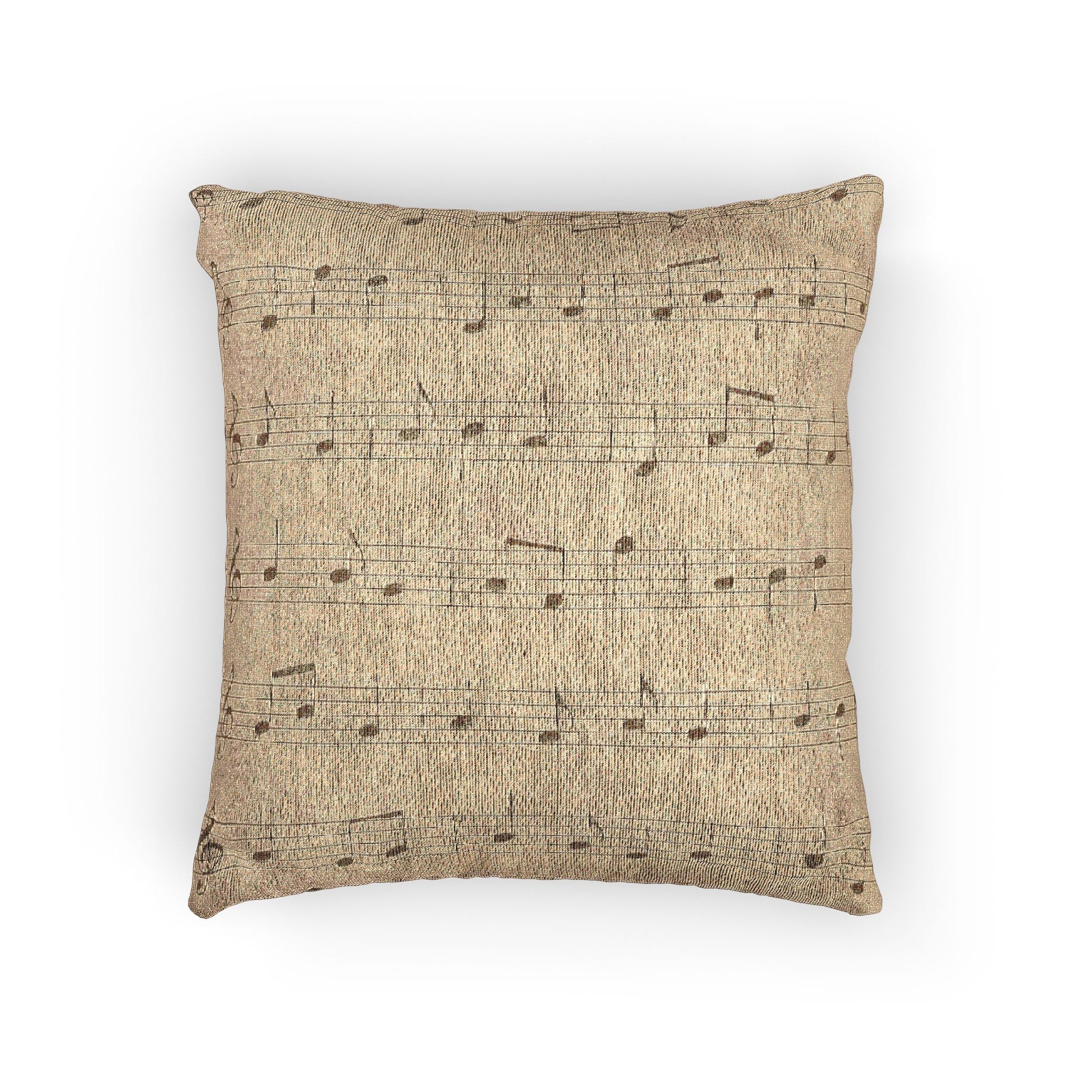 Woven pillow with soft sepia sheet music printed on aged parchment texture.