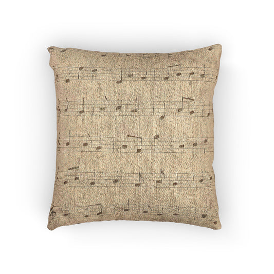 Woven pillow with soft sepia sheet music printed on aged parchment texture.