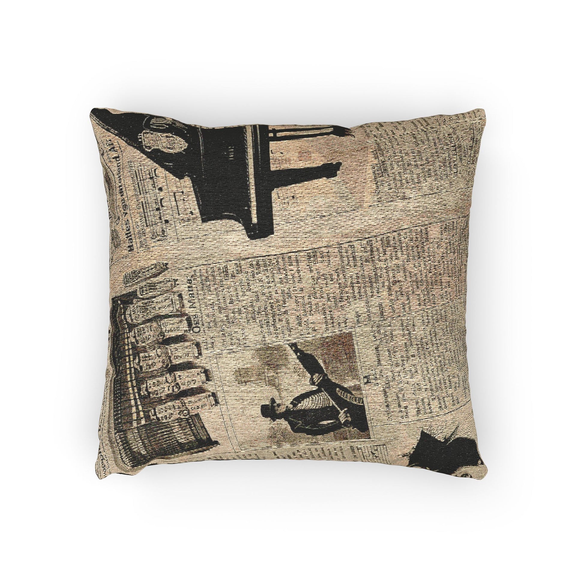 Woven pillow featuring a sepia collage of vintage musical advertisements and illustrations.