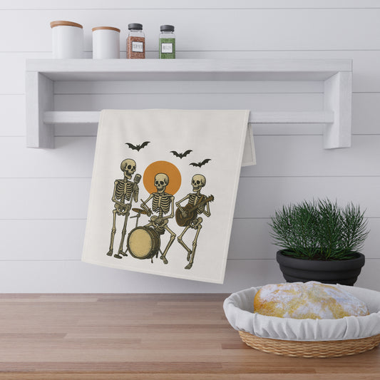 Skeleton Band Tea Towel – Halloween Kitchen Decor (18" × 30")