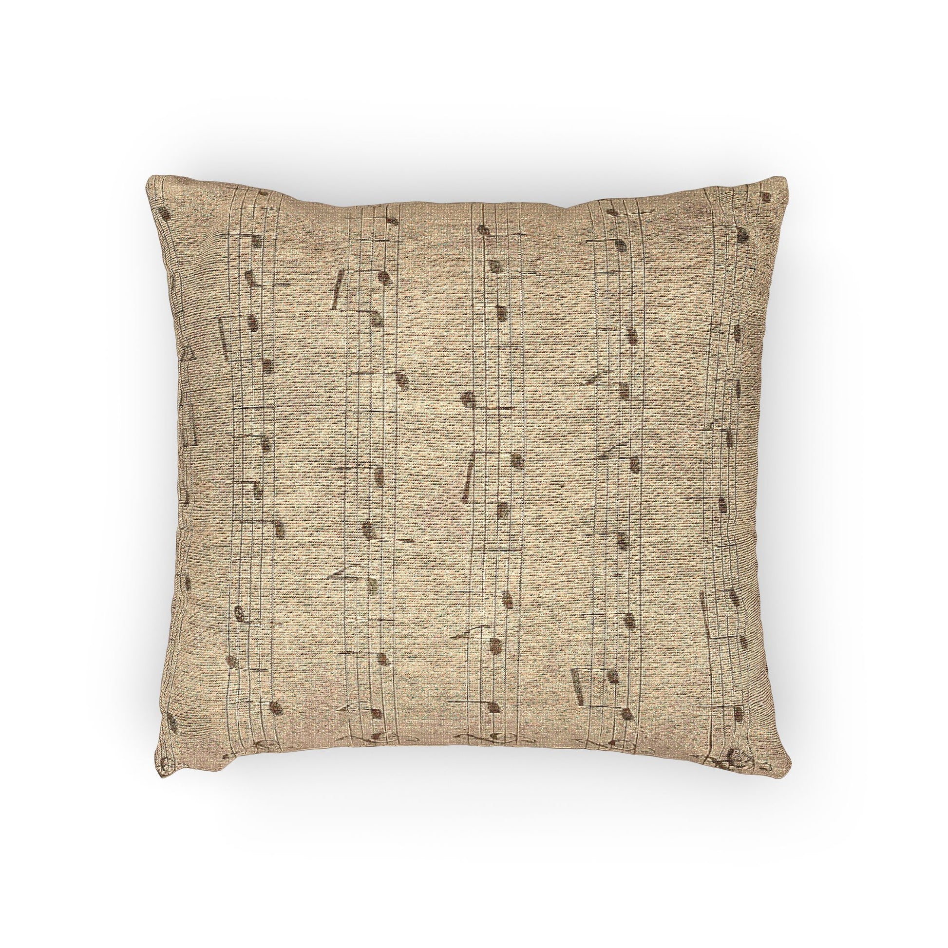 “Woven pillow with soft sepia sheet music printed on aged parchment texture.