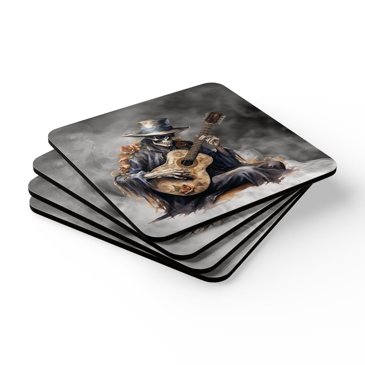 Spooky Serenade – Skeleton Guitarist Corkwood Coaster Set (4)