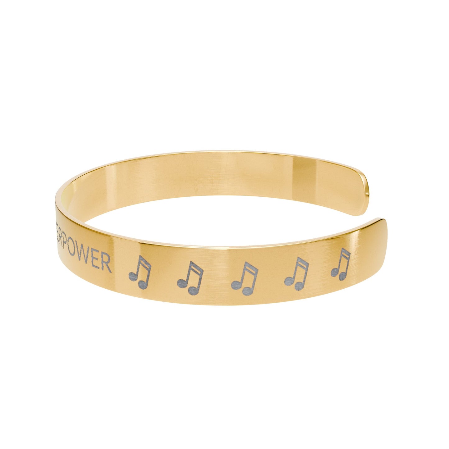 Engraved Music Cuff Bracelet – “MUSIC IS MY SUPERPOWER” (Gold)