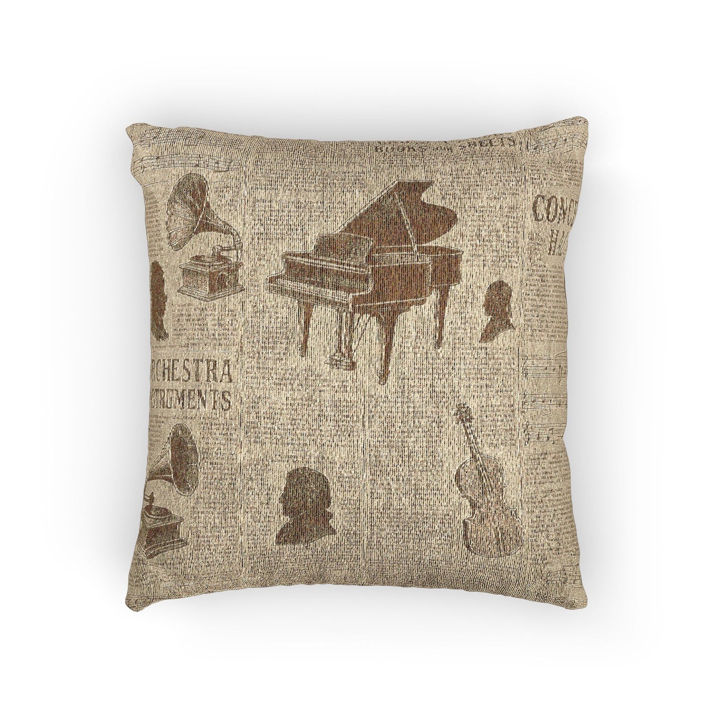 Woven pillow featuring vintage instrument engravings and newspaper-style illustrations.