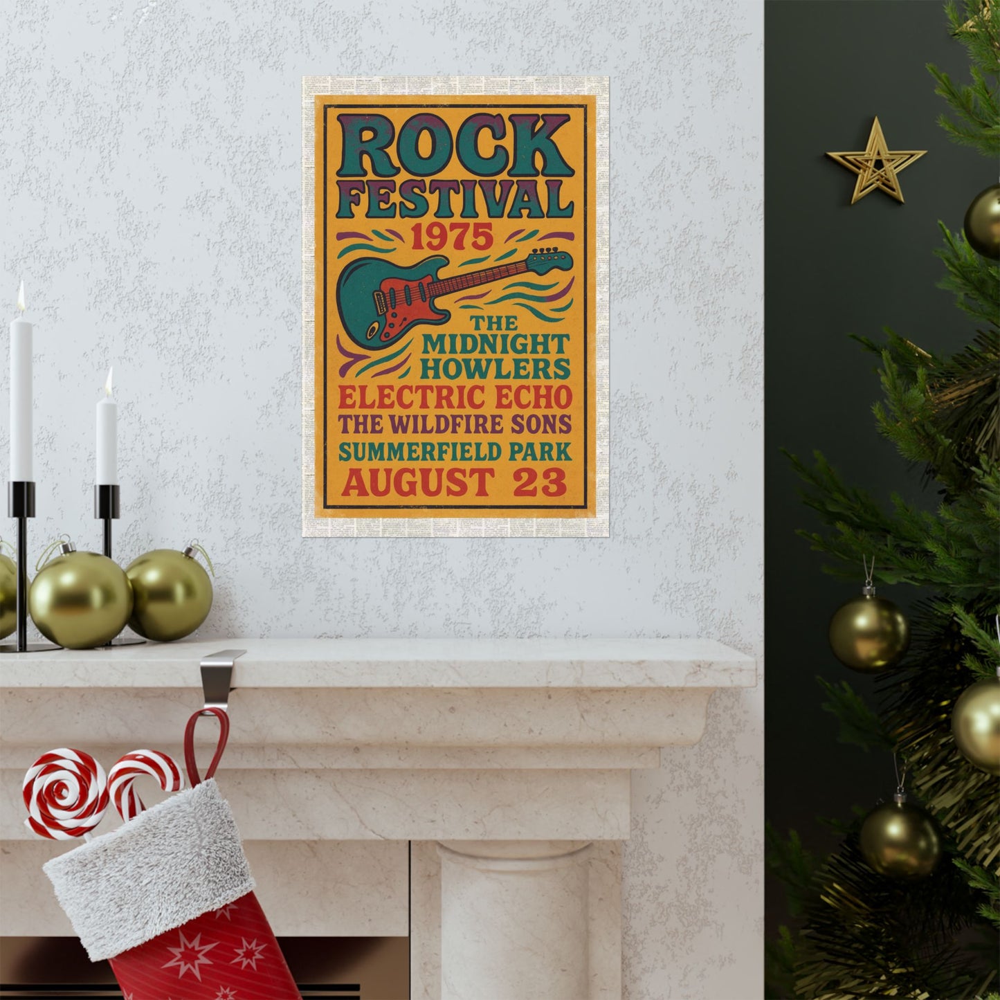 Vintage rock festival poster framed and displayed on a living room wall as retro music décor
