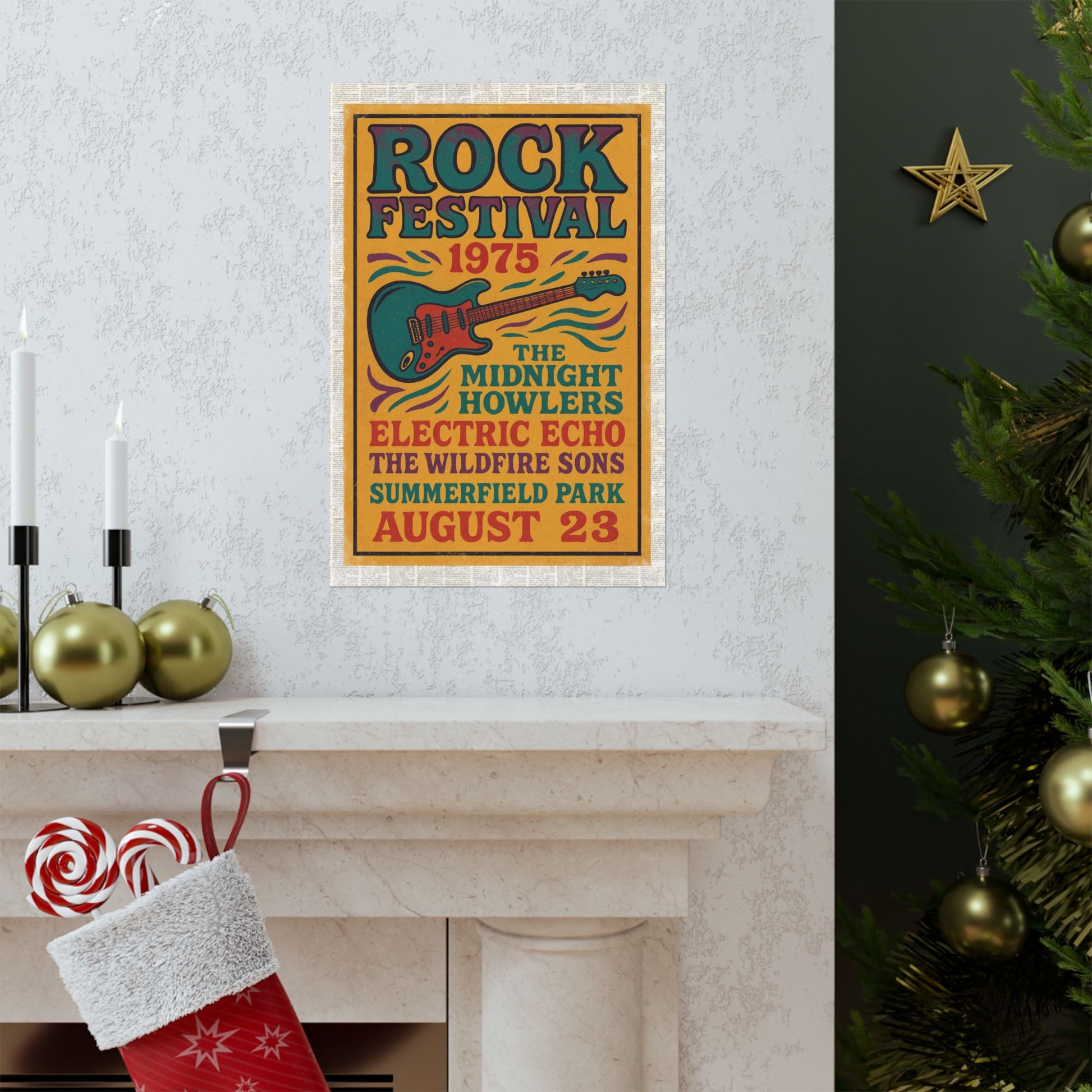 Vintage rock festival poster framed and displayed on a living room wall as retro music décor