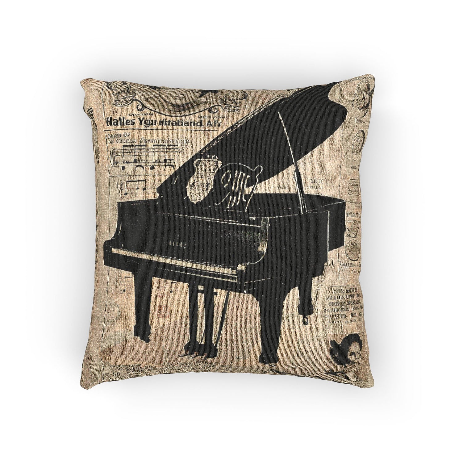 Woven pillow featuring a sepia grand piano engraving with antique sheet-music accents.