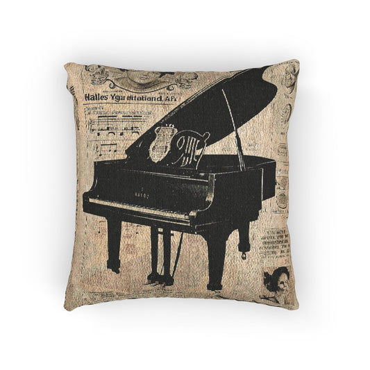 Woven pillow featuring a sepia grand piano engraving with antique sheet-music accents.