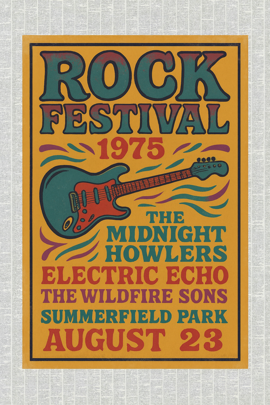 Vintage 1975 rock festival poster with psychedelic lettering and newspaper-style border on matte paper