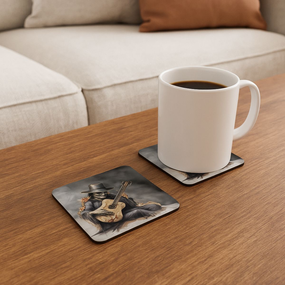 Spooky Serenade – Skeleton Guitarist Corkwood Coaster Set (4)
