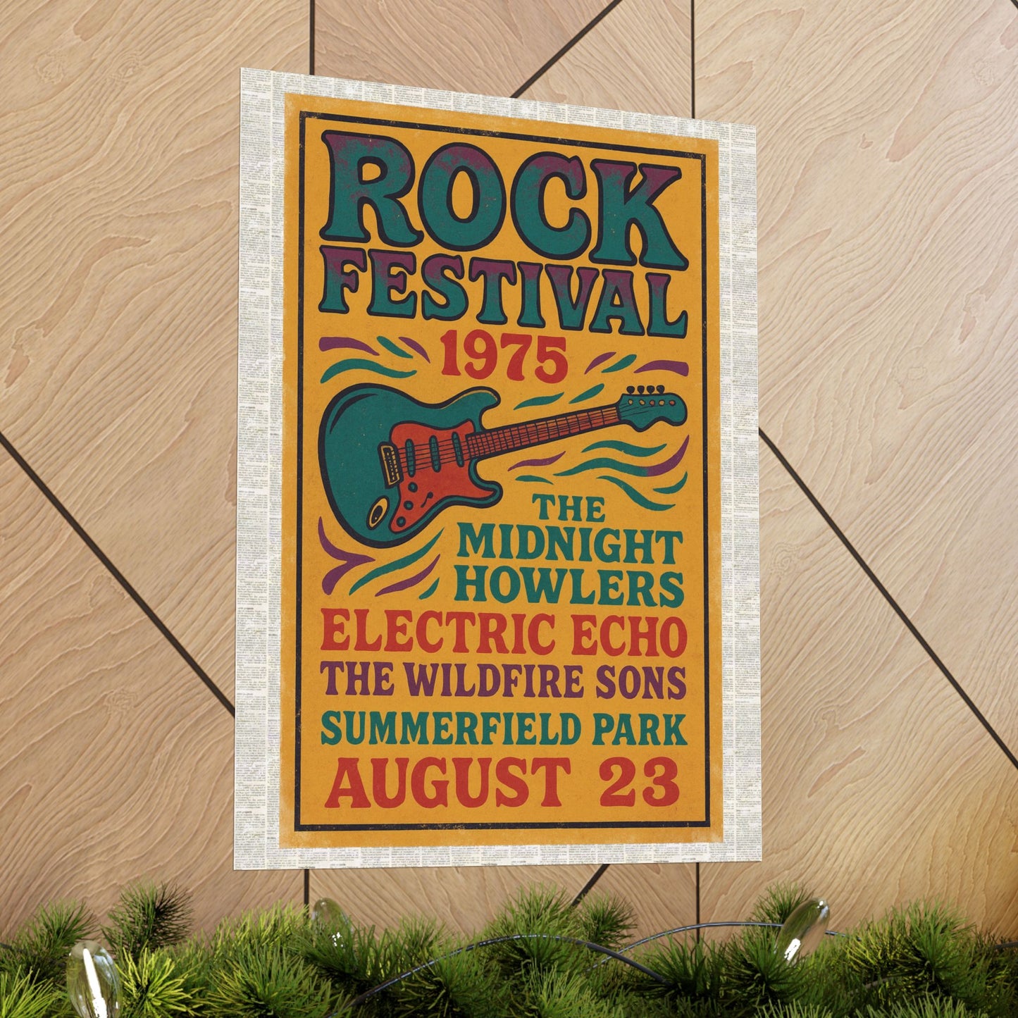 Vintage rock festival poster framed and displayed on a living room wall as retro music décor