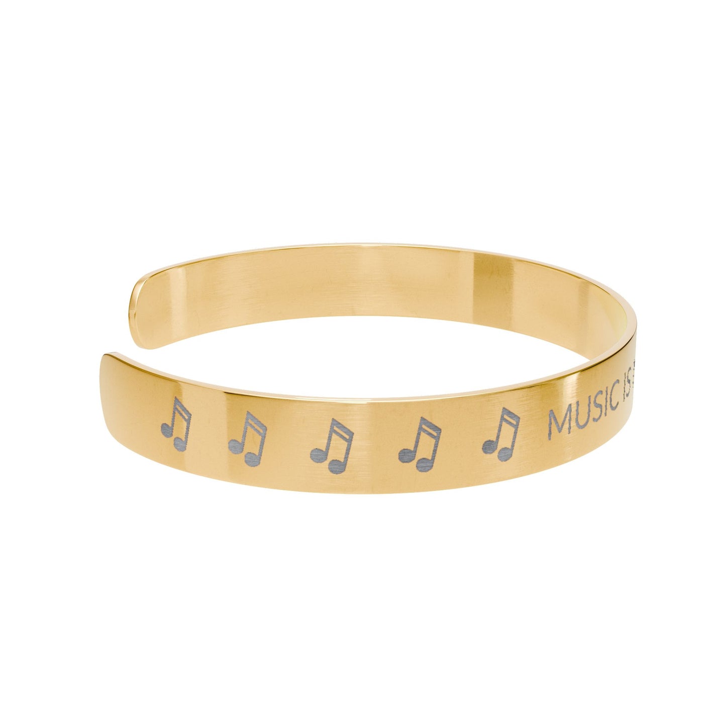Engraved Music Cuff Bracelet – “MUSIC IS MY SUPERPOWER” (Gold)