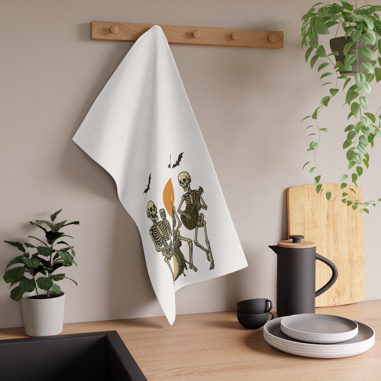 Skeleton Band Tea Towel – Halloween Kitchen Decor (18" × 30")