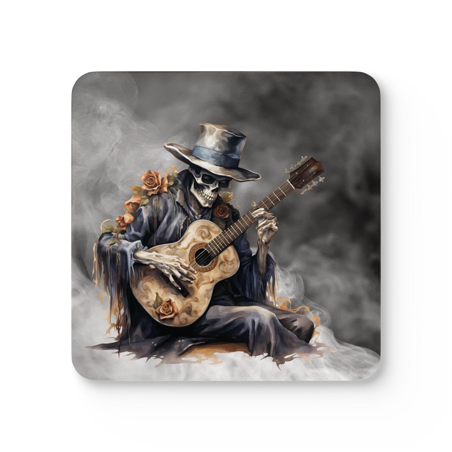 Spooky Serenade – Skeleton Guitarist Corkwood Coaster Set (4)