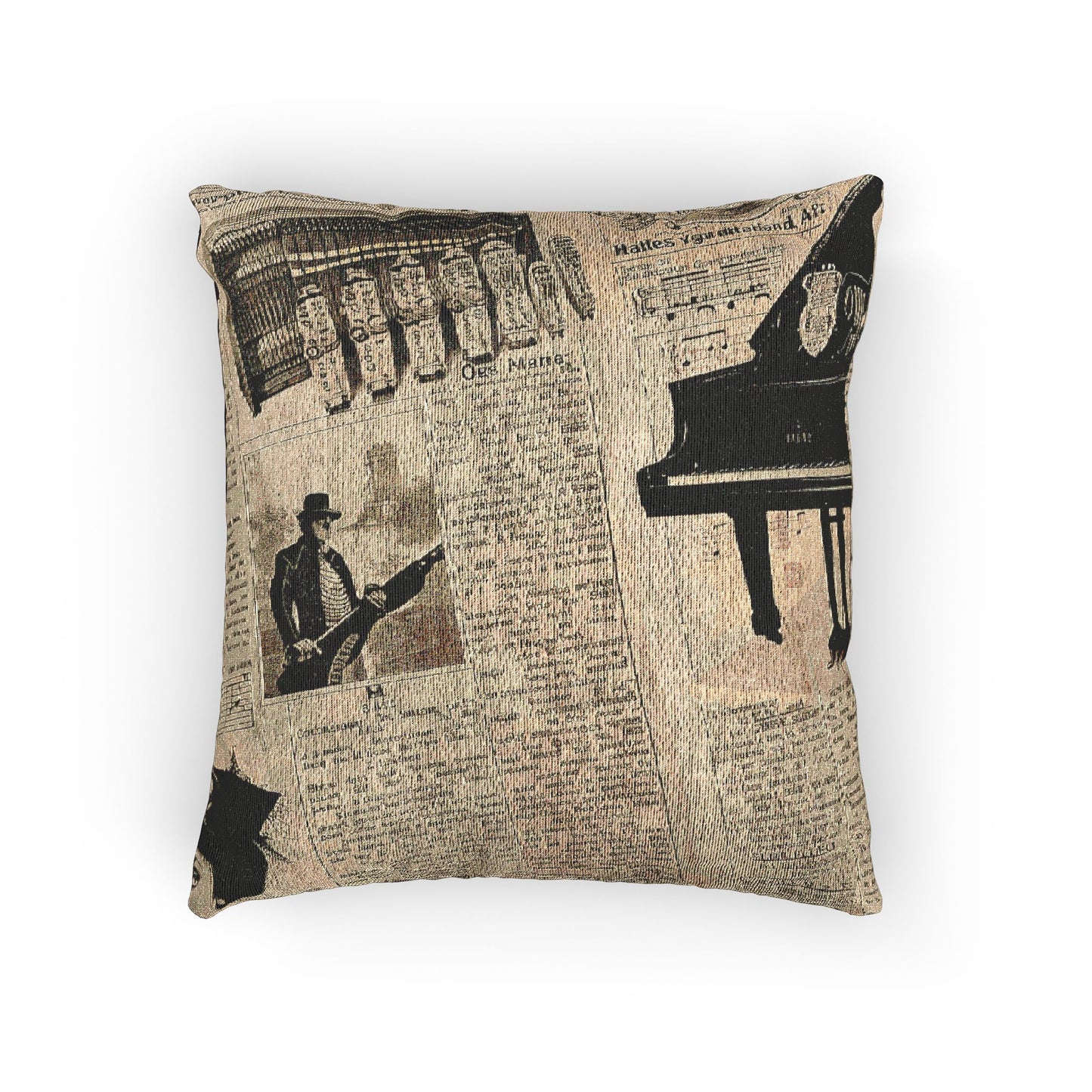 Woven pillow featuring a sepia collage of vintage musical advertisements and illustrations.