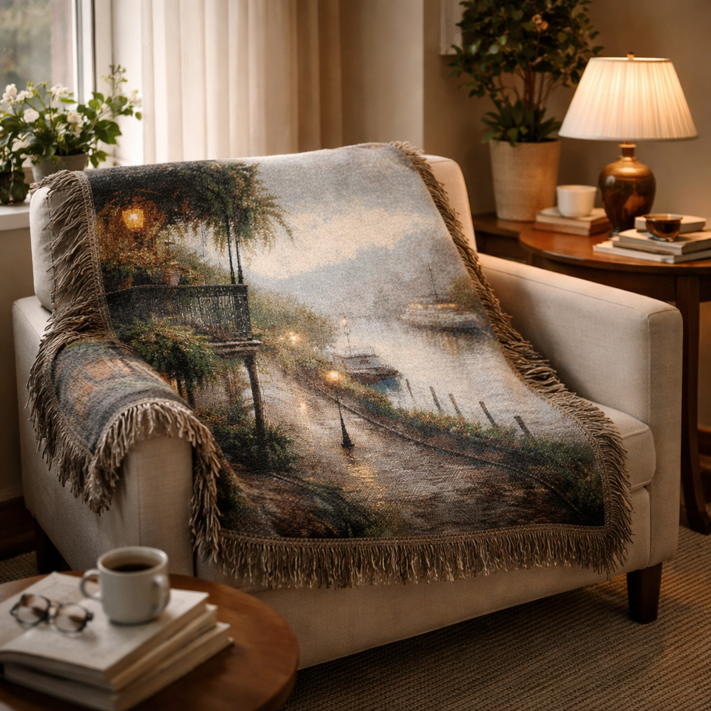 Cozy living room with a scenic blanket draped over a chair, coffee, and books on a table.