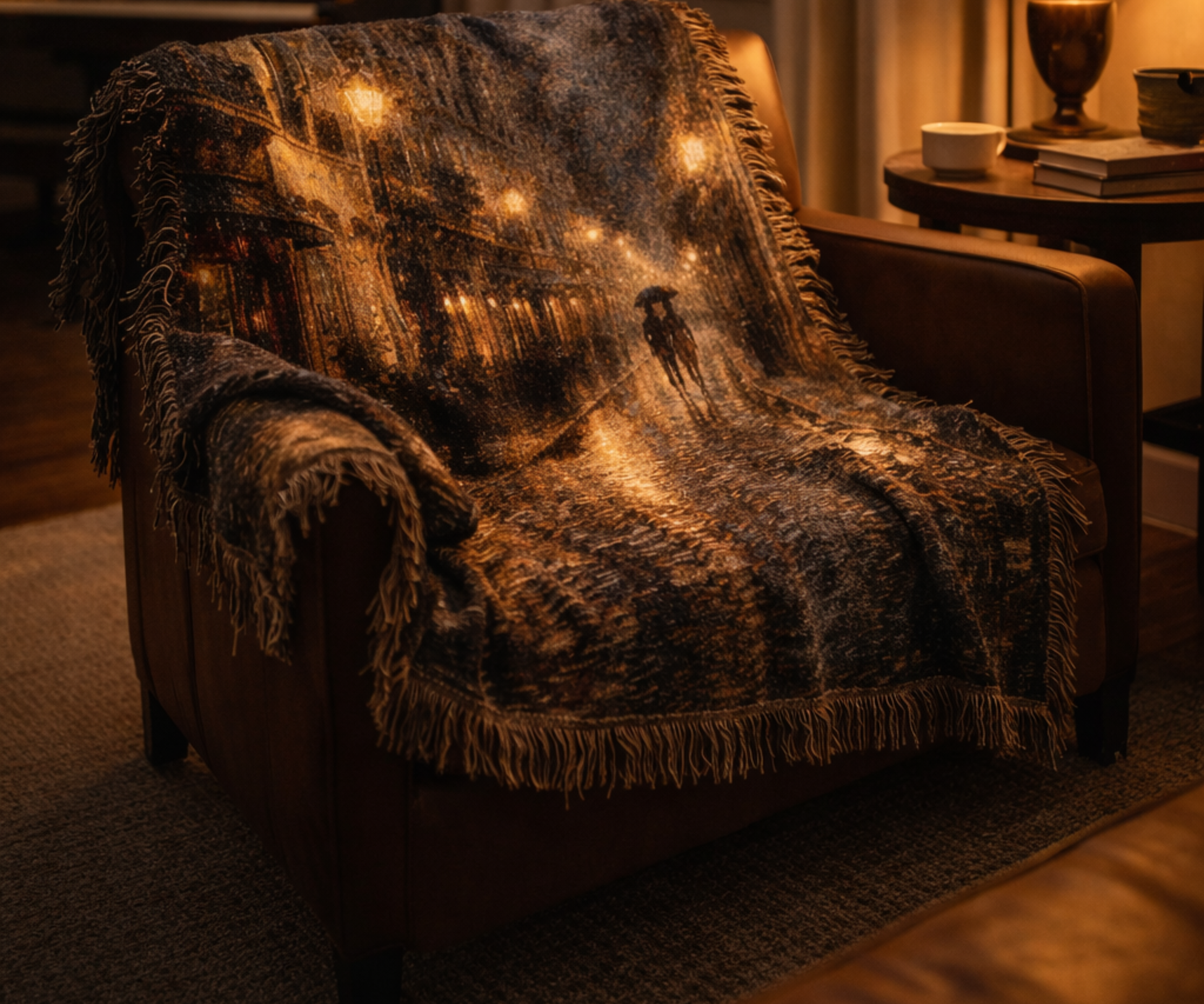 Cozy armchair with a textured blanket draped over it in a dimly lit room.