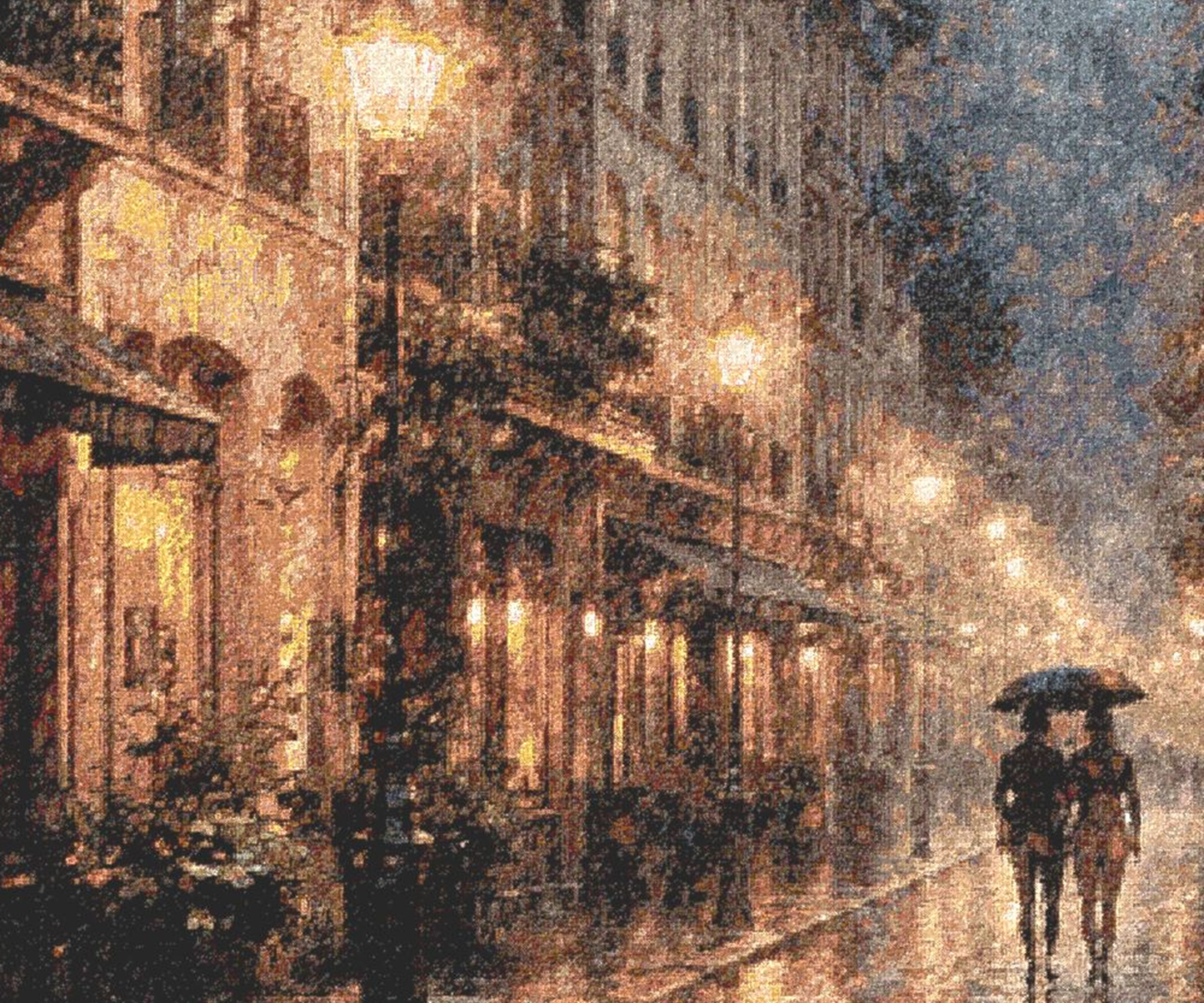 Two people walking under an umbrella on a rain-soaked street at night.