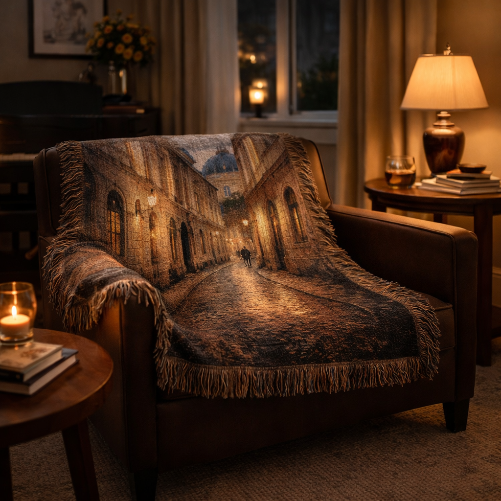 Sofa with a decorative blanket featuring an architectural scene in a cozy living room.