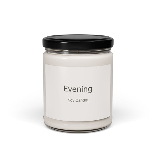 Evening soy candle in clear glass jar with minimalist label