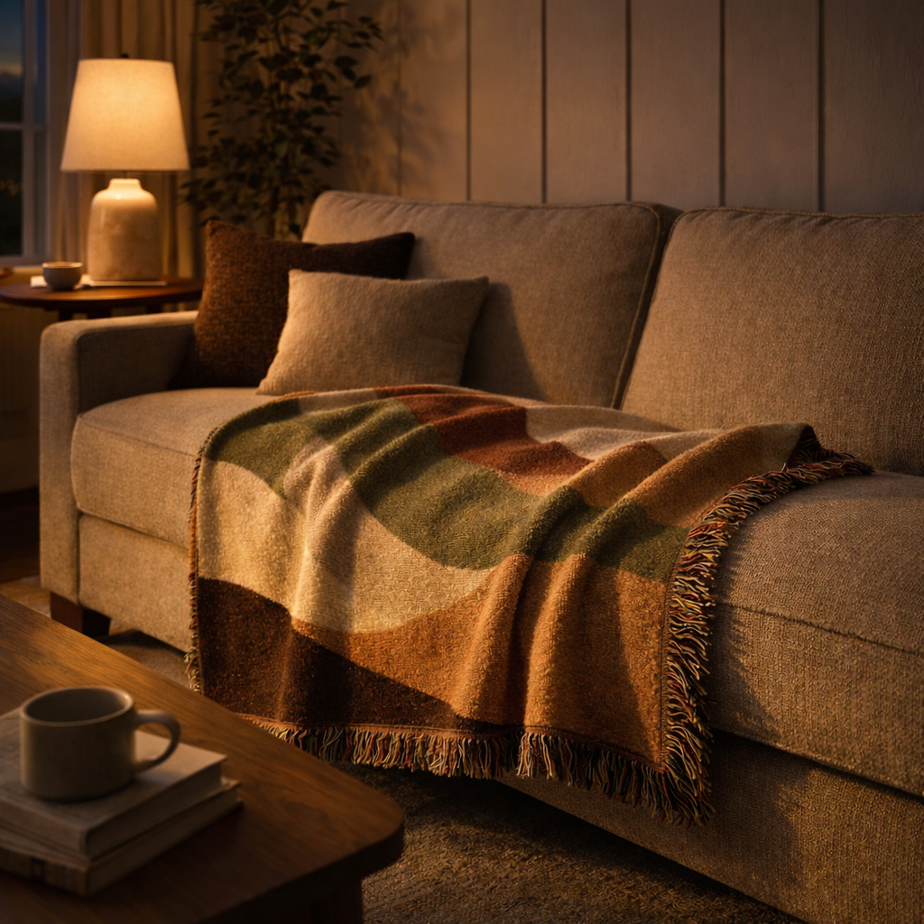 Cozy living room with a brown sofa, plaid blanket, and a lamp casting a warm glow.