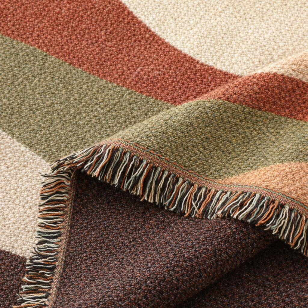 Close-up of a textured rug with a fringed edge in earthy tones.