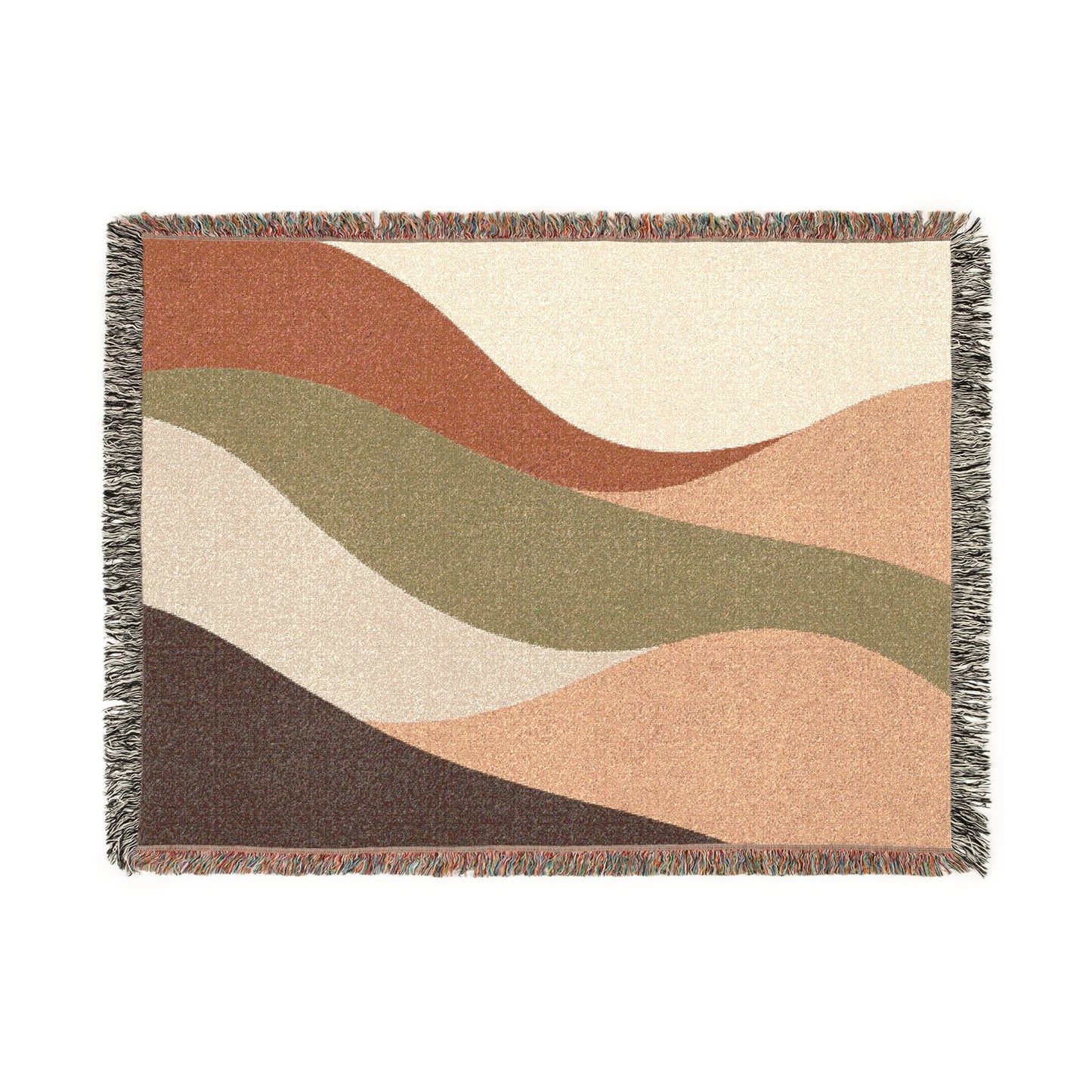 Woven blanket with wavy pattern in earthy tones on a white background