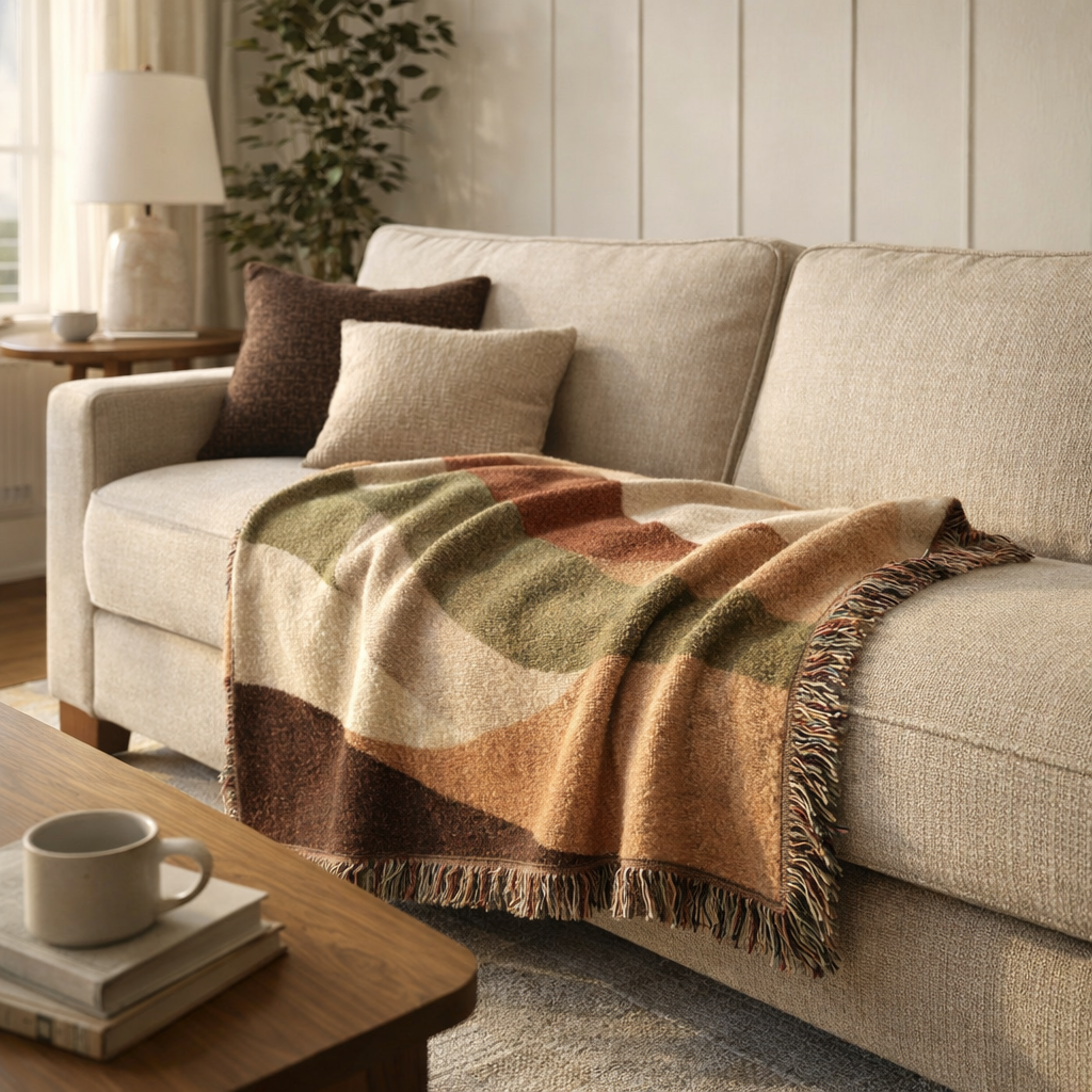 Beige sofa with a patterned throw blanket in a living room setting.