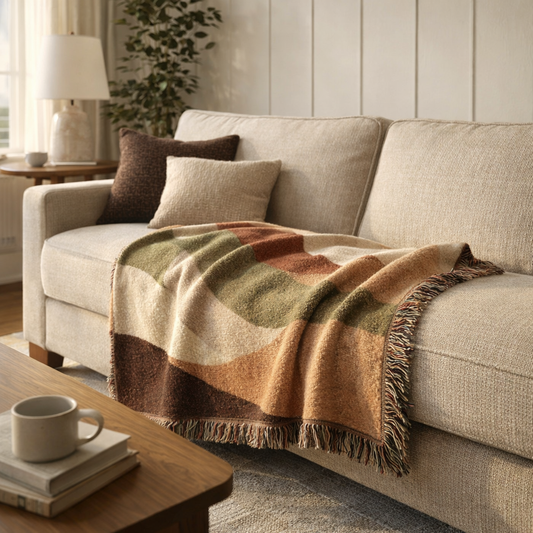 Beige sofa with a patterned throw blanket in a living room setting.