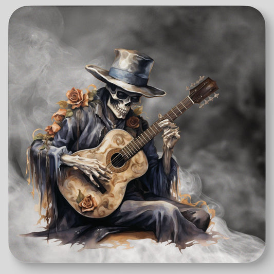 Spooky Serenade – Skeleton Guitarist Corkwood Coaster Set (4)