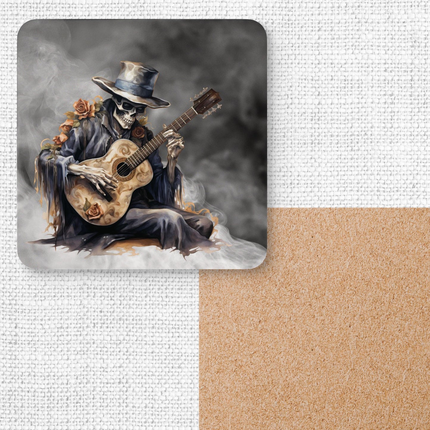 Spooky Serenade – Skeleton Guitarist Corkwood Coaster Set (4)