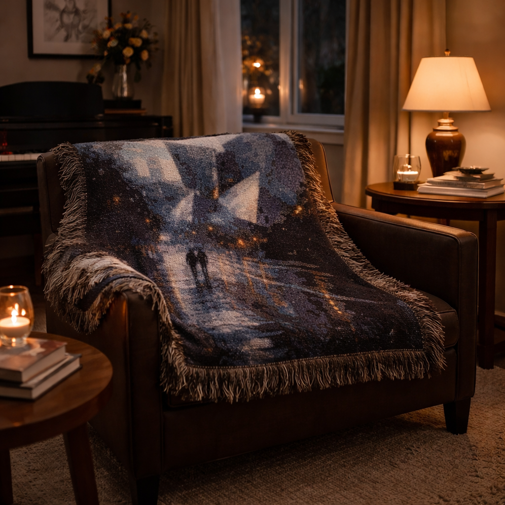 Cozy living room with a dark brown armchair draped with a textured blue blanket, candles, and a lamp.