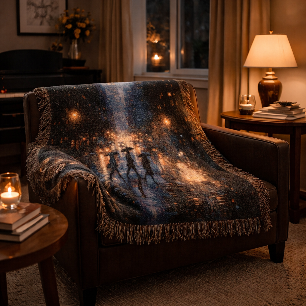Cozy living room with a dark blue blanket featuring silhouettes draped over a chair, candles, and a lamp.