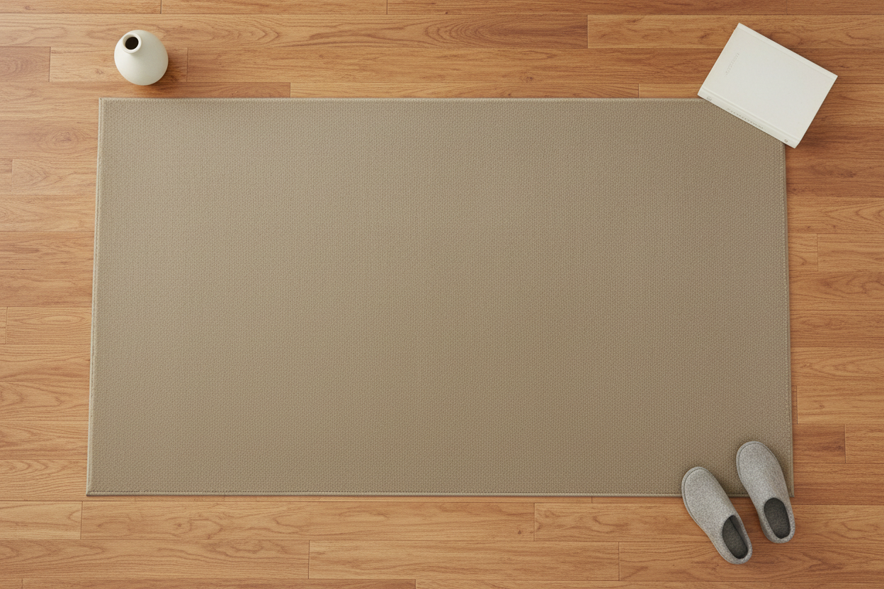 Quiet Field — Practice Rug — Mockup 4 Redo — Overhead Flat Lay