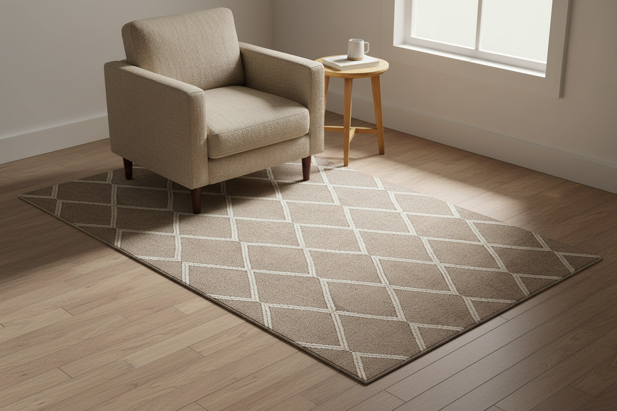 Quiet Lattice Area Rug – Bedroom/Reading Nook Lifestyle