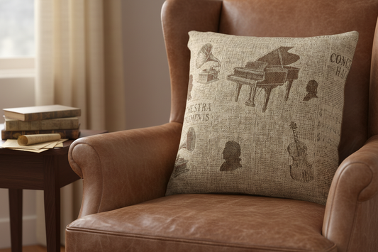 Vintage Music Archive – Antique Press Pattern Woven Pillow — Mockup 3
